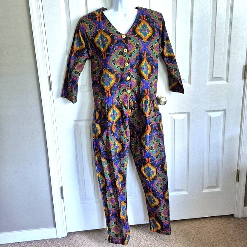 Poof Vintage Multicolor 80s Or 90s Button Up Jumpsuit with pockets Womens Size 8